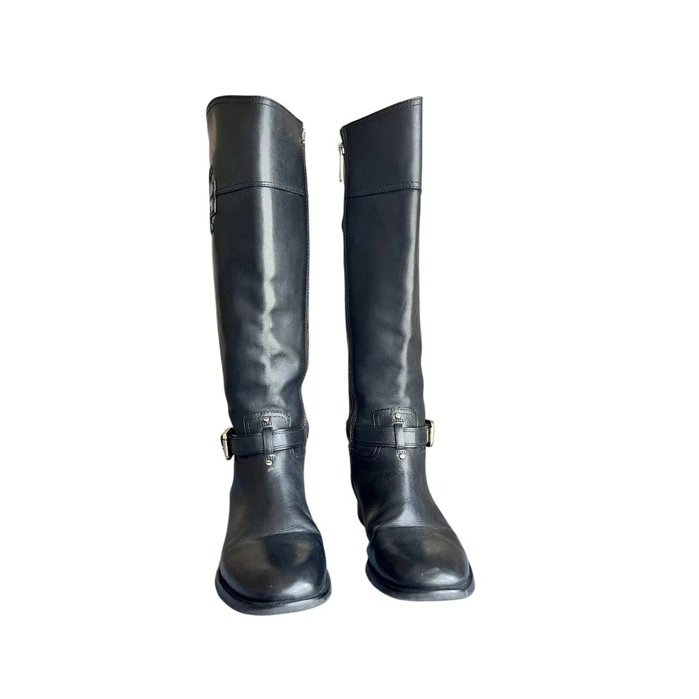 Tory Burch Women's Blair Black Leather Gold Buckle Riding Boots Shoes Size 8